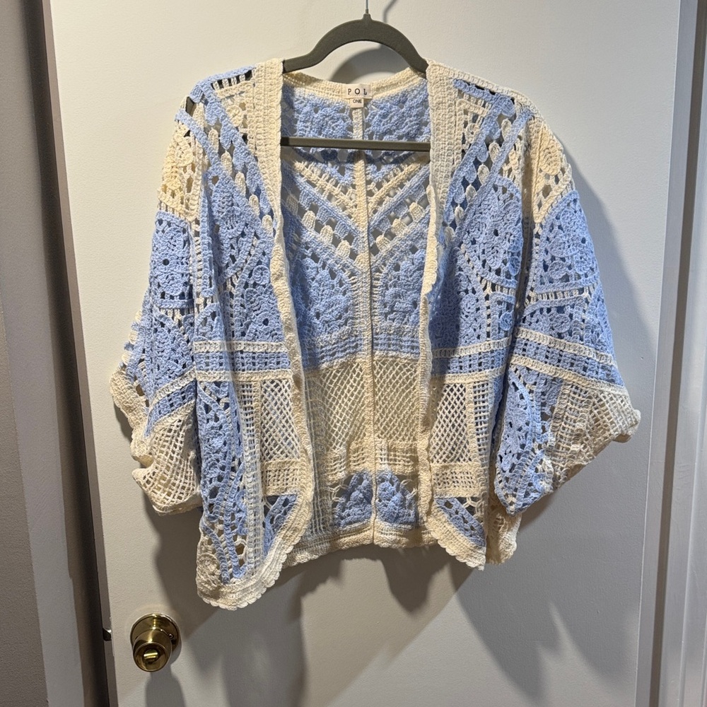 POL NWOT Blue and Cream Crochet Cardigan